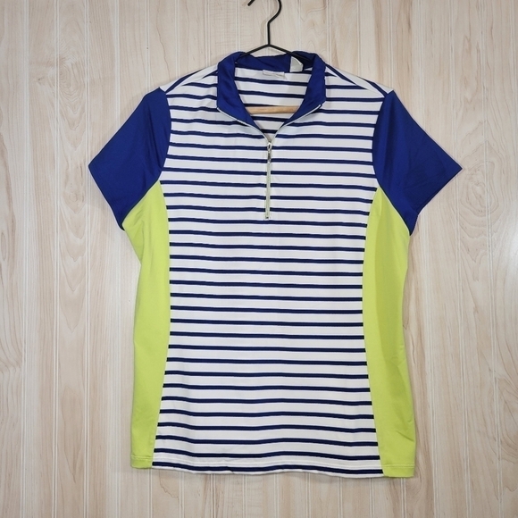Chicos Zenergy Golf Navy & Lime Striped Top Sz Med (Chicos Size 1) - Picture 2 of 5